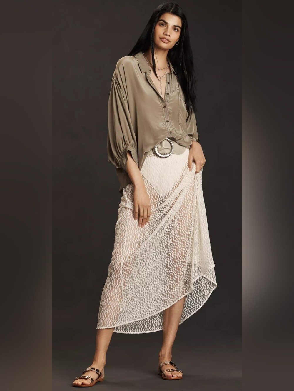 PILCRO | ANTHROPOLOGIE Short-Sleeve Silky Buttondown Oversized Bohemian Top S